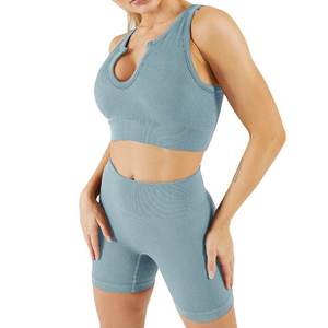 Custom Ribbed Cotton Women Yoga Outfits Workout Sets for Ladies 2 Piece Shorts High Waist <b>Leggings</b> Sports Bra <b>Crop</b> Top Gym Sets - Product Image 6