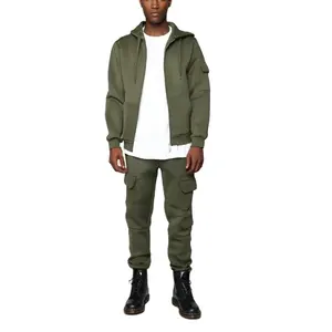 Dark Khaki men fashion zip up 100%Cotton Fleece Tracksuits