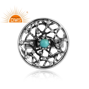 Oxidized 925 Sterling Silver Natural Arizona <b>Turquoise</b> Gemstone Filigree Design Stackable Wedding <b>Ring</b> for Certified Trendy - Product Image 2