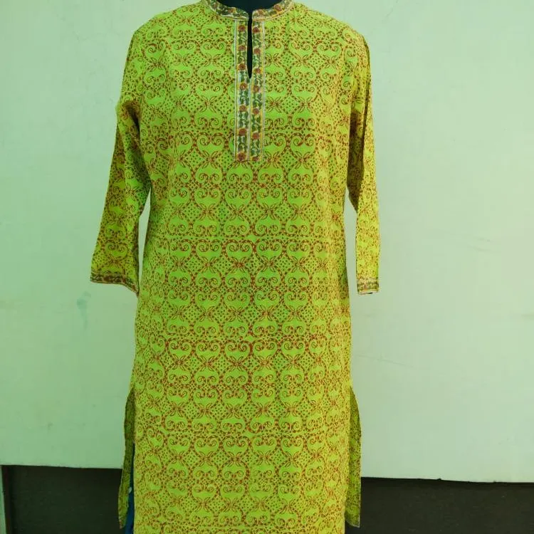 Handmade Kurti Phụ Nữ Ăn Mặc Màu Xanh Lá Cây Kurta Áo Ấn Độ Phong Cách Giản Dị 100% Cotton Cotton Trắng Ấn Độ Quần Áo Ấn Độ & Pakistan