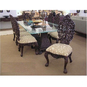 Juego de Mesa de Comedor de Madera de Teca de 8 Plazas Tallada a Mano Moderna con Acabado Negro Pulido y Tallado de Hojas Antiguas, Canadá - Product Image 1