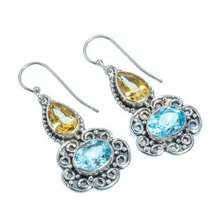 蓝色黄玉和黄水晶天然宝石银波西米亚耳环女士手工制作925纯银Dangle耳环