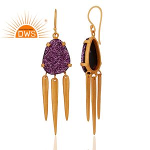 Boucles d'oreilles en pierre de druzy violette, fournisseur de bijoux, laiton plaqué or indien, boucles d'oreilles pendantes tendance, collection classique - Product Image 2