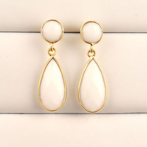 Fine Jewelry Round Pear Shape White Agate Double Stone <b>Teardrop</b> <b>Earrings</b> Gold Plated Bezel Setting Push Back <b>Stud</b> <b>Earrings</b> Gift - Product Image 1