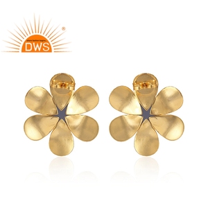 Pendiente de tuerca de flor de declaración chapada, joyería de moda, calcedonia dorada, piedras preciosas, latón, azul, pendientes de gota clásicos, ajuste de bisel DWS - Product Image 3