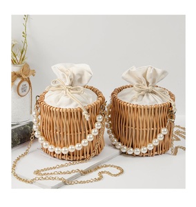 Hollow Bucket Rattan Straw <b>Bag</b>/ Hand-<b>woven</b> Summer Elegant Cube <b>BagS</b>/ Wicker Bucket Handbag With Pearls Handles - Product Image 3