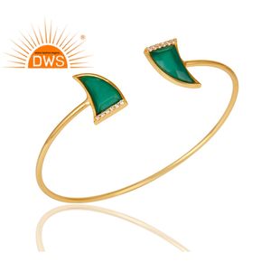925 Sterling Yellow Gold Plated <b>Silver</b> Open <b>Bangle</b> Cuff Wholesaler Natural Green Onyx Gemstone Cuff <b>Bracelet</b> Jewelry - Product Image 2