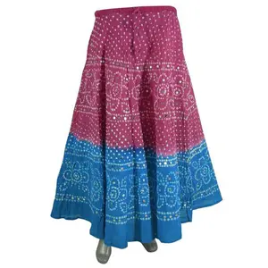 Wholesale Indian Hand Embroidery Bandhej Long Skirt, ,Girls Mirror Work Cotton Bandhani Skirt