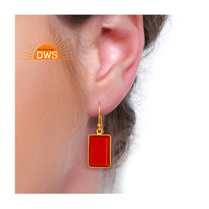 925 Sterling <b>Silver</b> Gold Plated Dangle Earrings Jewelry Supplier Rectangle Shaped Red Onyx Gemstone Earring Jewelry Wholesaler - Product Image 4