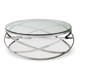 Living Room Furniture Clear Glass Chrome Steel Frame Circular Contemporary Modern Fixed Top Table Coffee Table
