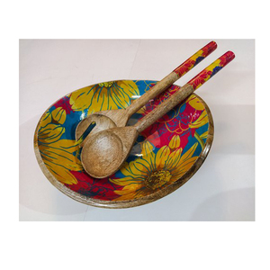 Bols de service en bois imprimés de fleurs de service avec cuillère et fourchette Design et taille personnalisés disponibles - Product Image 1