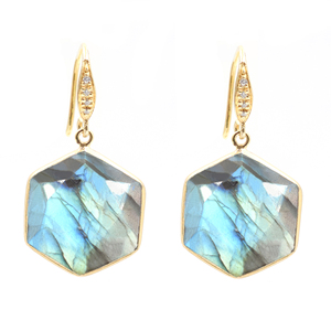 Pendientes de Labradorita de 41 a 42 mm, Hexagonales, con Bisel Plateado, Chapados en Oro de 14K y 18K con Circonita - Product Image 1