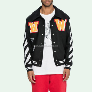 Veste universitaire KVJ123 pour hommes en cuir véritable, molleton de polyester, chenille, patchs en laine brodés, design sans col, hiver - Product Image 1