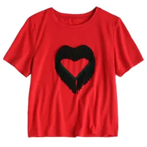Super camiseta de gola redonda feminina, aplique bordado com alças vermelhas para adultos e meninas