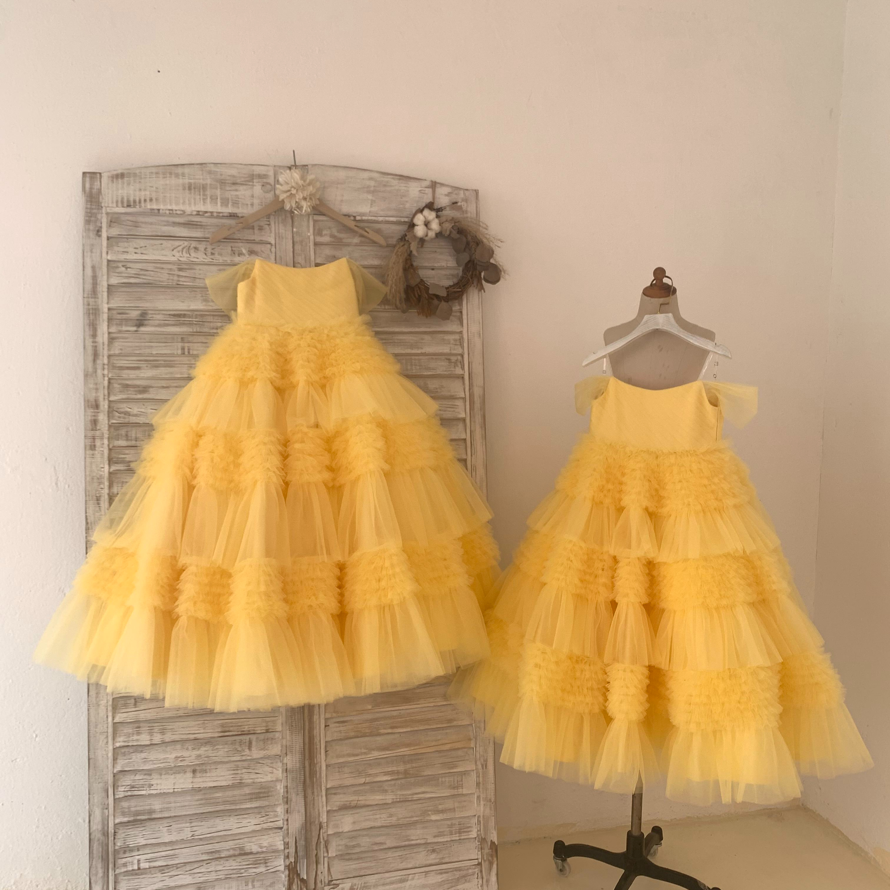 Yellow Off Shoulder Ruffle Tulle Wedding Flower Girl Dress Princess Kids Party Dress
