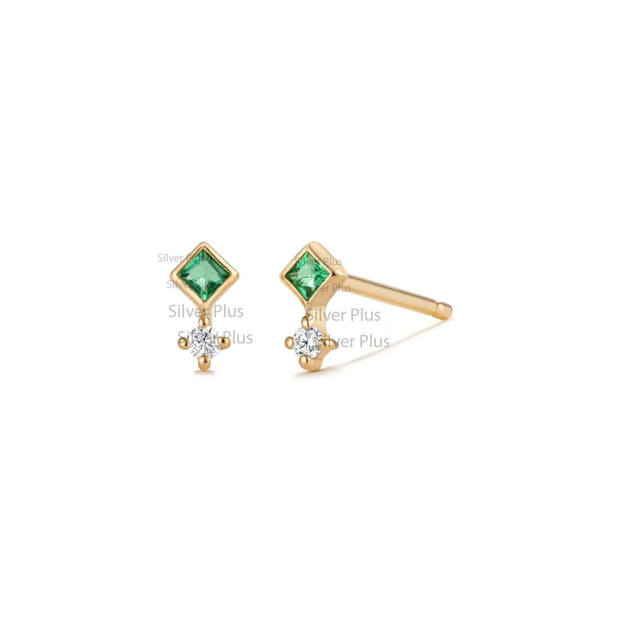 Genuine Emerald Gemstone Diamond Minimalist Studs Earrings Solid 14K Yellow Gold Jewelry Manufacturer Factory