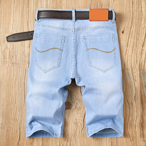 กางเกงยีนส์ขาสั้น9สไตล์ผู้ชาย,กางเกงผ้าเดนิมสไตล์คลาสสิกสีพื้นยืดหยุ่นกางเกงยีนส์ลำลองขาสั้นเข้ารูปความยาวระดับเข่ากางเกงขาสั้นขี้ขลาด - Product Image 3