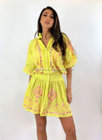 Mini robe longue ceinture brodée et miroir, manches bouffantes jaunes, bouton avant, tunique décorative pour femmes, été
