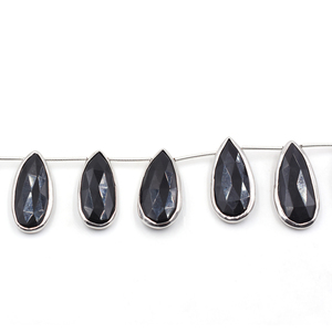 Cuentas de Plata 925 con Ónix Negro en Forma de Pera de 26-28 mm, 10 Hilos, Perforadas en la Parte Superior, Bisel de Plata - Product Image 2