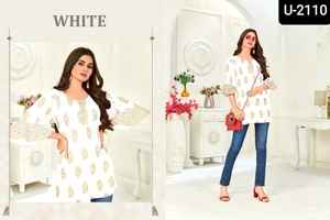 Ropa informal corta de alta calidad Kurti para damas Foil Printed Reyon Fabric Totalmente cosida a bajo precio - Product Image 4