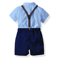 Ensembles de Vêtements Décontractés pour Tout-Petits Garçons, Tissés Unis, Printemps-Automne, Vente en Gros Personnalisée, 4 Pièces, 100% Coton : Chemise + Short + Bretelles + Nœud Papillon