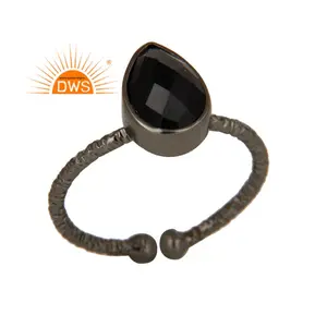 Black Onyx Gemstone Ring Textured Sterling Silver Black Rhodium Plated Ring Handmade Adjustable Ring Manufacturer