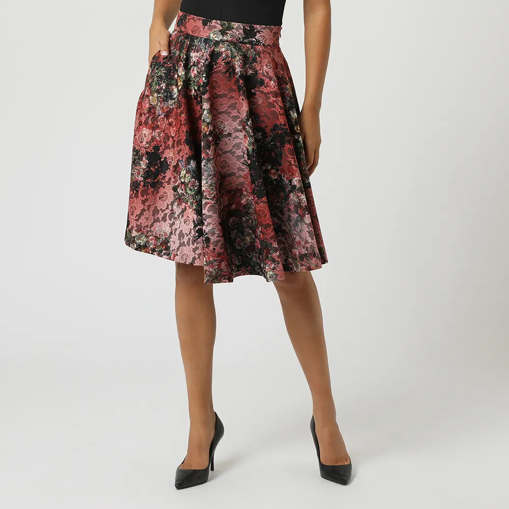 Made in Italy Full Circle Skirt With High Waist And Concealed Pockets Fabric Lace With Uunderskirt Floral Printed Pattern