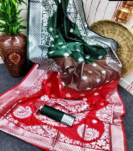 Saree en soie Banarasi pour dames travail de tissage Zari lourd vêtements de fête traditionnels indiens - Product Image 1