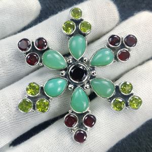 Granate de crisoprasa natural y peridoto Plata de Ley 925 pera y piedra preciosa de corte redondo anillo de declaración de plata hecha a mano - Product Image 2