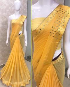 Dernier Designer Festival Porter Fleur Numérique Imprimé Travail Coton Soie Saree avec Chemisier Non Cousu Couleur Dorée Femmes Porter Alphanumero - Product Image 6