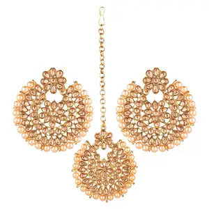 Indian Gold Plated Bridal Jewelry Crystal Faux Pearl Floral Maang Tikka Earrings Set Indian Jewellery For Women