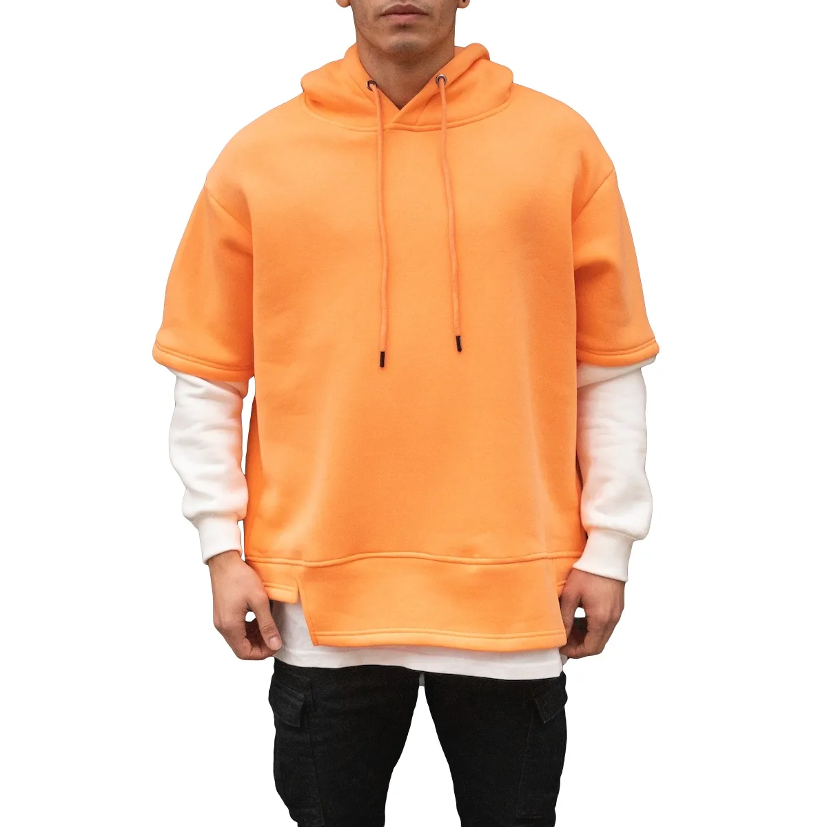 2023 Oversize 100% coton 360 GSM brossé hommes demi manches longues manches blanches Streetwear décontracté sweat à capuche Long ourlet vente en gros