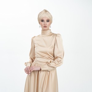 Vestido Abaya con capa ajustada para mujer musulmana, vestido de boda islámico modesto, exclusivo, Color Beige, tocado - Product Image 4
