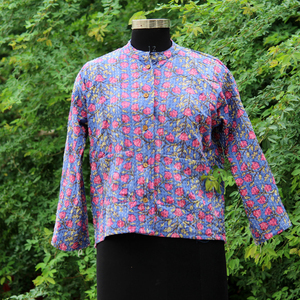Handmade Reversible Boho Kantha Winter Finished <b>Short</b> Stand Collar Woven Cotton <b>Jacket</b> with Embroidery Decoration - Product Image 1