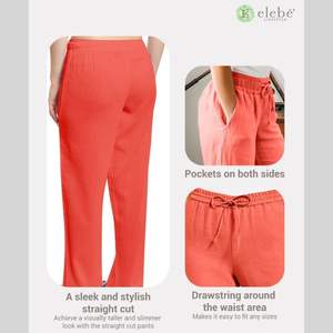 Pantalones de lino y algodón de cintura alta Diseño de corte recto suave cómodo con cordón de amarre automático Uso de salón de dormir de talla grande - Product Image 3