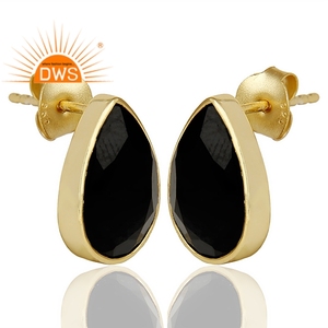 Pear Shape Black <b>Onyx</b> <b>Earrings</b> Gemstone Jewelry Yellow Gold Plated Silver Flat Back Stud <b>Earrings</b> Supplier - Product Image 2