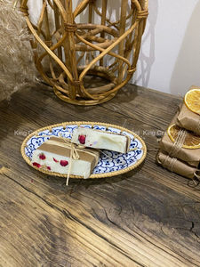 Artisanat vietnamien, plateau de service en rotin naturel, assiette en porcelaine florale faite à la main, plats en céramique pour fruits, plat de service en osier pour aliments - Product Image 5