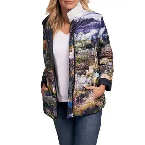 Chaquetas Acolchadas de Invierno para Mujer con Cierre de Cremallera y Botones, Diseño Estampado, Forro de Spandex, Relleno de Algodón Transpirable, Capucha Tejida - Product Image 1