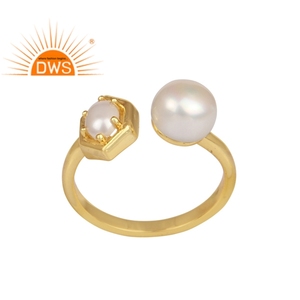 Anillo abierto de Plata de Ley 925 con dos dedos, anillo abierto hecho a mano con perlas blancas naturales y gemas - Product Image 1