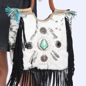 Bolso de compras Vintage de moda para mujer hecho a mano tradicional indio piel de vaca cuero genuino cremallera algodón bordado a mano - Product Image 1