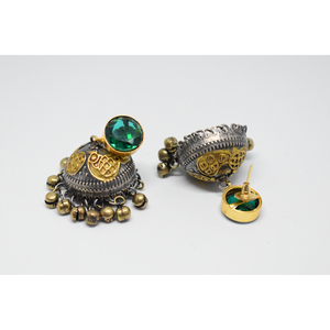 Pendientes de Aro para niña y mujer, aretes de latón con acabado mate dorado tradicional, piedra dualtona, ghungro jhumka - Product Image 3