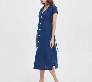 Robe chemise en lin noir, col à revers, boutonnée sur le devant, ourlet fendu, longueur midi, tenue formelle ou quotidienne, manches courtes, couleur unie, tissu tissé - Product Image 3