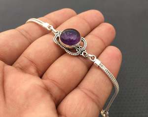 92.5 <b>Sterling</b> <b>Silver</b> Genuine Natural Smooth Round Shape Gemstone Amethyst <b>Beads</b> Handmade Cuff <b>Bracelet</b> 7" Long - Product Image 3