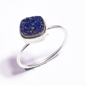 New Arrival Blue Titanium Druzy Gemstone Designer Fine Jewelry 925 Sterling Silver Custom Couple Gift Cushion Cut Solitaire Ring