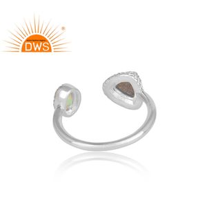 Openable Round Cut Ethiopian <b>Opal</b> And Labradorite Gemstone 925 Sterling Fine <b>Silver</b> Open <b>Ring</b> Jewelry Manufacturer - Product Image 4