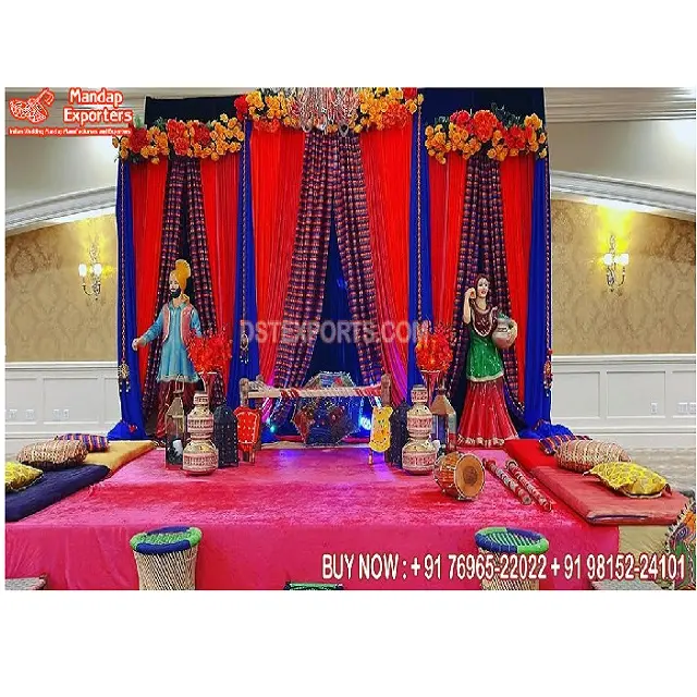 Punjabi Lady Sangeet Night Wedding Stage Colorful Sangeet Night Punjabi tema Wedding Stage Punjabi tema culturale Mehndi Stage