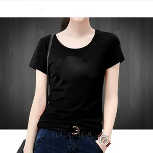 Wome Delle Signore di Stirata Fit Nero Manica Corta In Cotone Con Scollo A V T Shirt