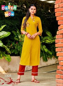 Couture cousue en coton rouge, Style indien, Kurti avec pantalon, vente en gros - Product Image 2