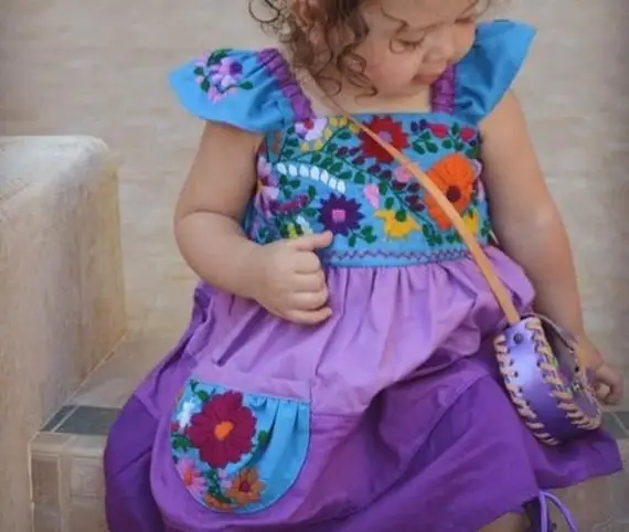 Vestido de manga corta bordado de algodón para niña, Túnica mexicana bordada a mano delicada para niño