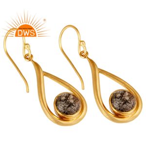 Boucles d'oreilles pendantes de pierre précieuse, en argent massif et en rutilé noir, bijoux plaqués en or 18k, vente en gros, offre spéciale, - Product Image 2